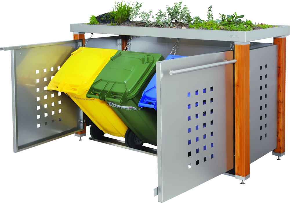 Mülltonnenbox mit Lärchenpfosten und Gründach für 3 Mülltonnen 240 Liter