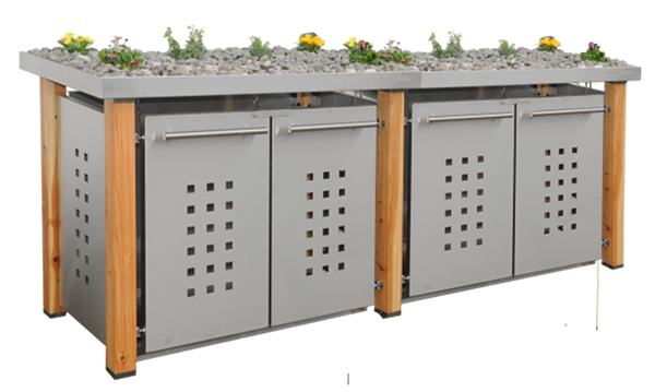 Mülltonnenbox mit Eschepfosten und Gründach für 4 Mülltonnen 120 Liter
