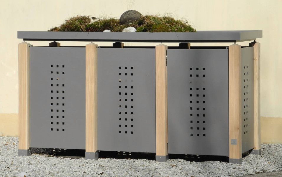 Mülltonnenbox GB in Edelstahl mit Lärche für drei Mülltonnen 120 Liter, begrünbar