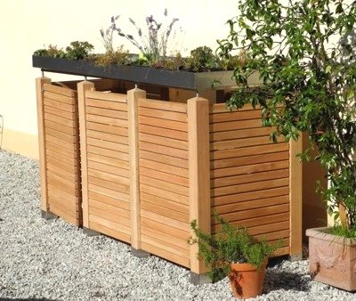 Mülltonnenbox GW Gartenakzente aus Lärchenholz für drei Mülltonnen 120 Liter, begrünbar